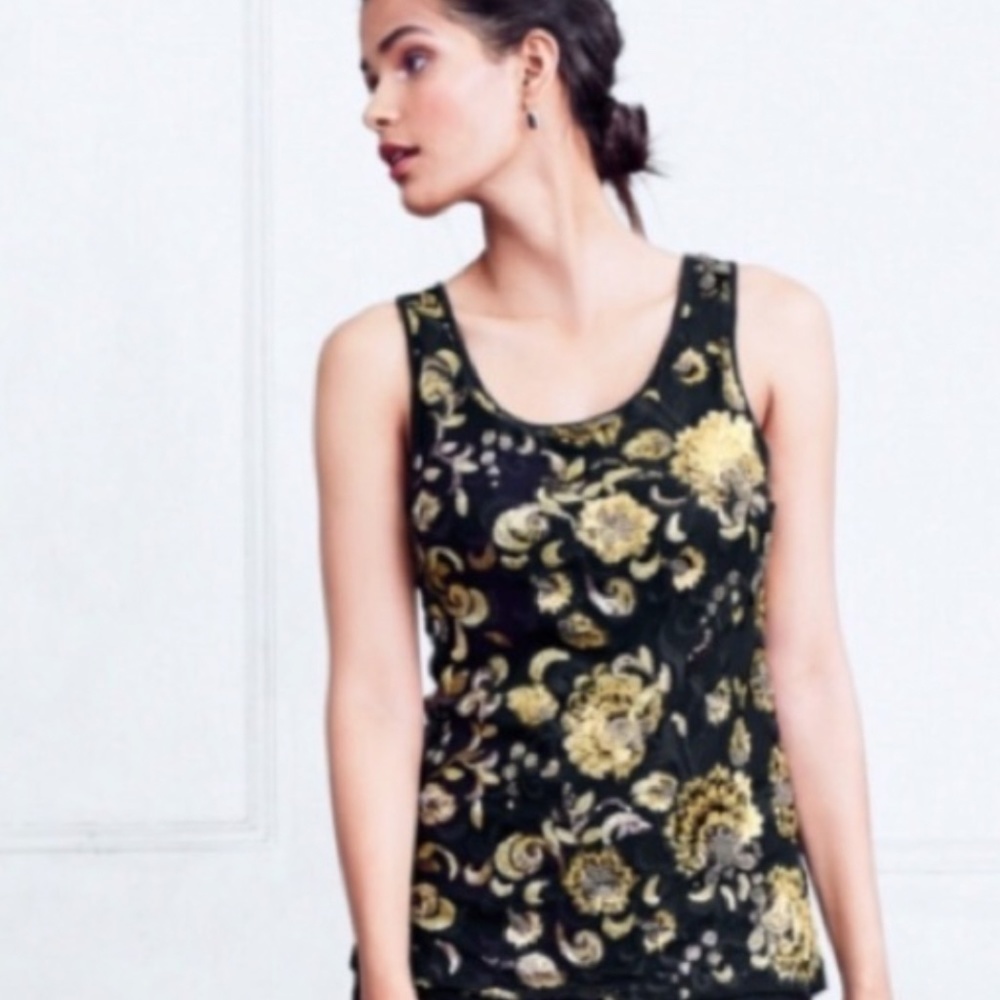 EUC Garnet Hill Floral Metallic Sequin Black Sleeveless Top Tank Size Small